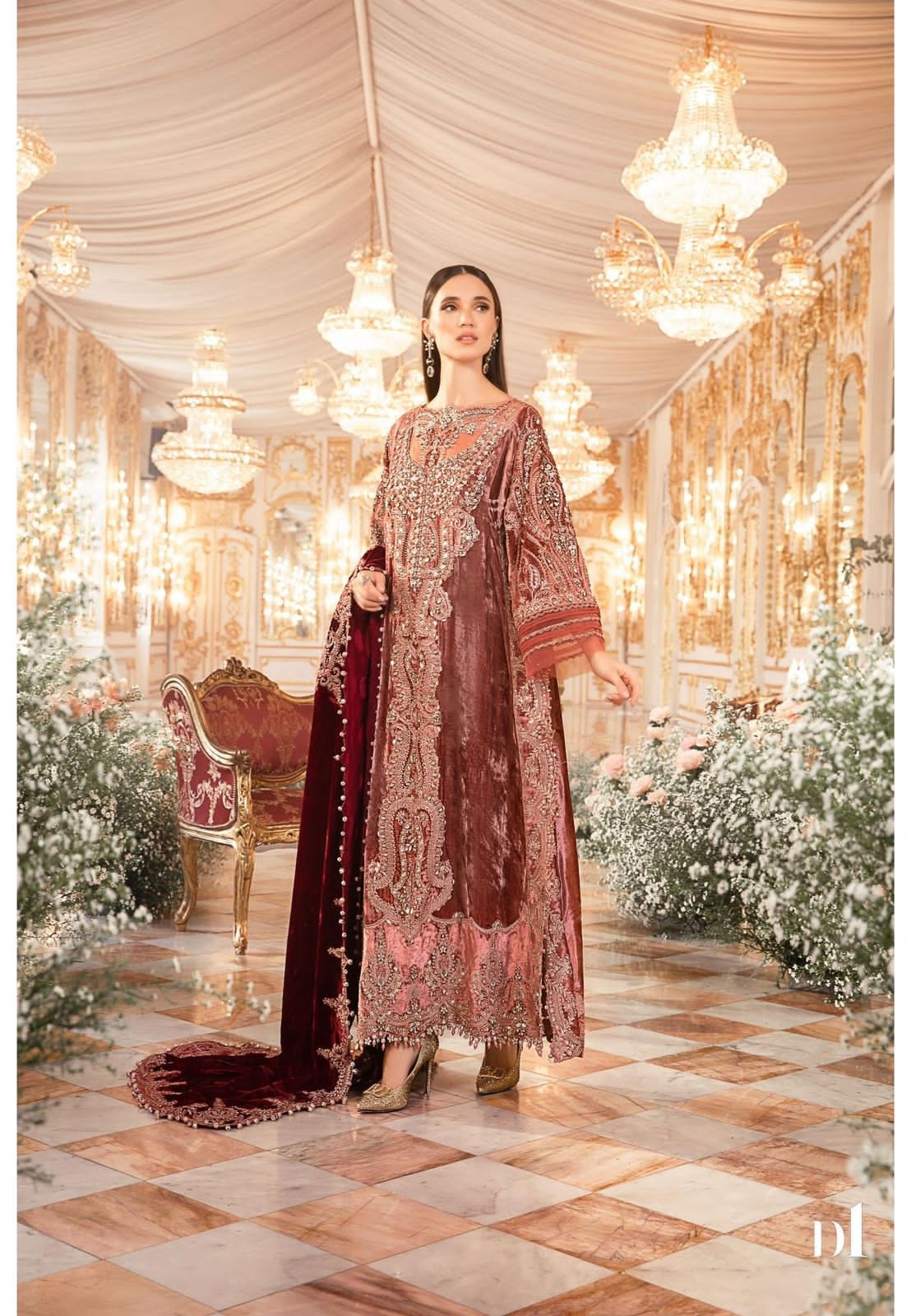 Salmon Pink BD pakistani fashion outfit in pink tones.